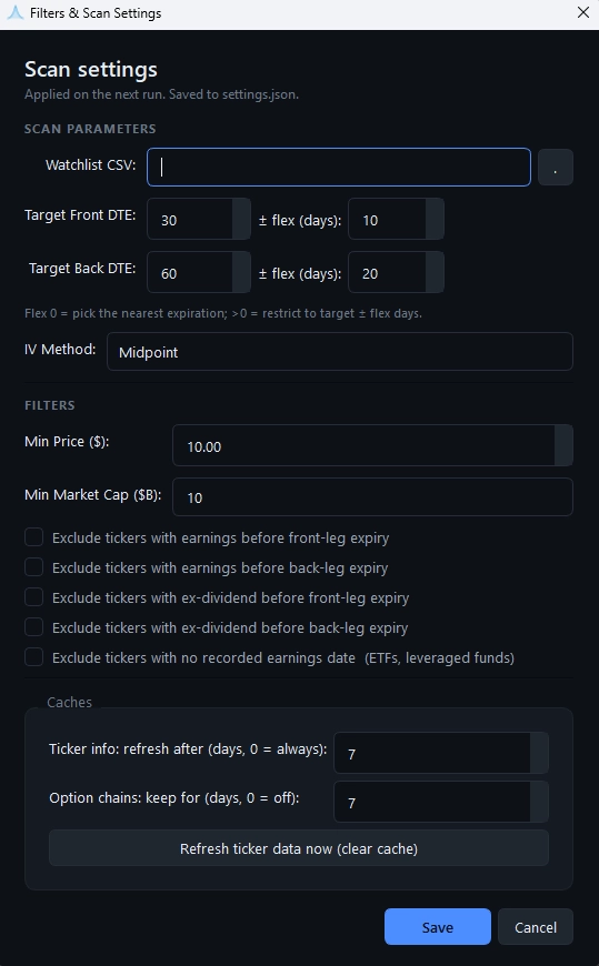 TastyFwdFactor Options Trading Scanner Settings Dialog showing watchlist CSV selection, DTE targets, IV calculation method, and earnings filters.