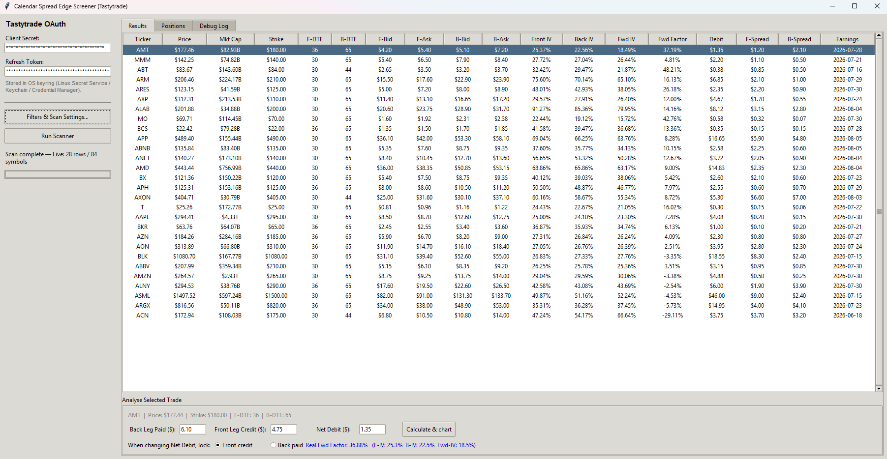 TastyFwdFactor Calendar Spread Screener Interface
